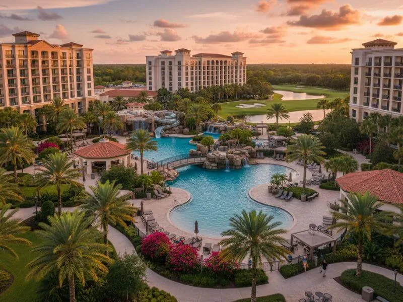 Beautiful luxury family resort hotel in Orlando with multiple swimming pools, water slides, and a golf course, perfect for family holidays and relaxation.