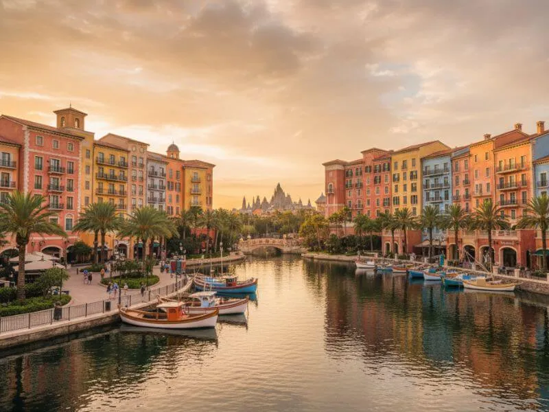 Resort de lujo Loews Portofino Bay en Universal Orlando, evocando una villa italiana, con canales y arquitectura colorida.