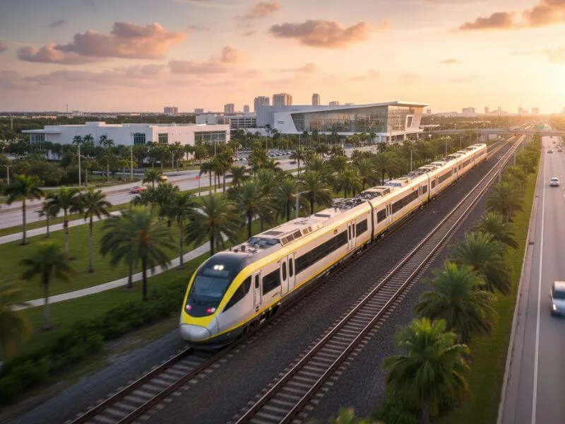 Serviço de trem Brightline rápido e moderno conectando cidades na Flórida, incluindo Orlando, oferecendo transporte de alta velocidade.