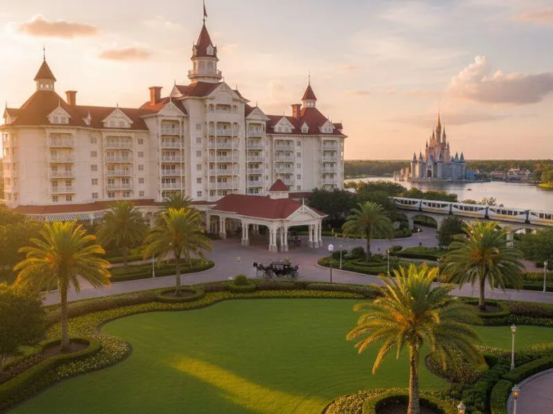 Resort de luxo Disney's Grand Floridian em Orlando com o Castelo do Magic Kingdom e o Monotrilho ao fundo, destacando a melhor estadia de luxo e vista para o parque.